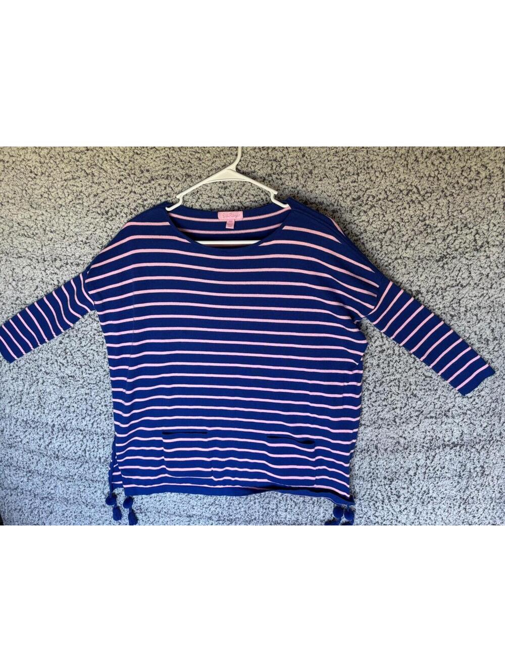 Lilly Pulitzer XXS Blue Pink Stripe Tunic Top Pom Pom Hem Coolmax Cotton